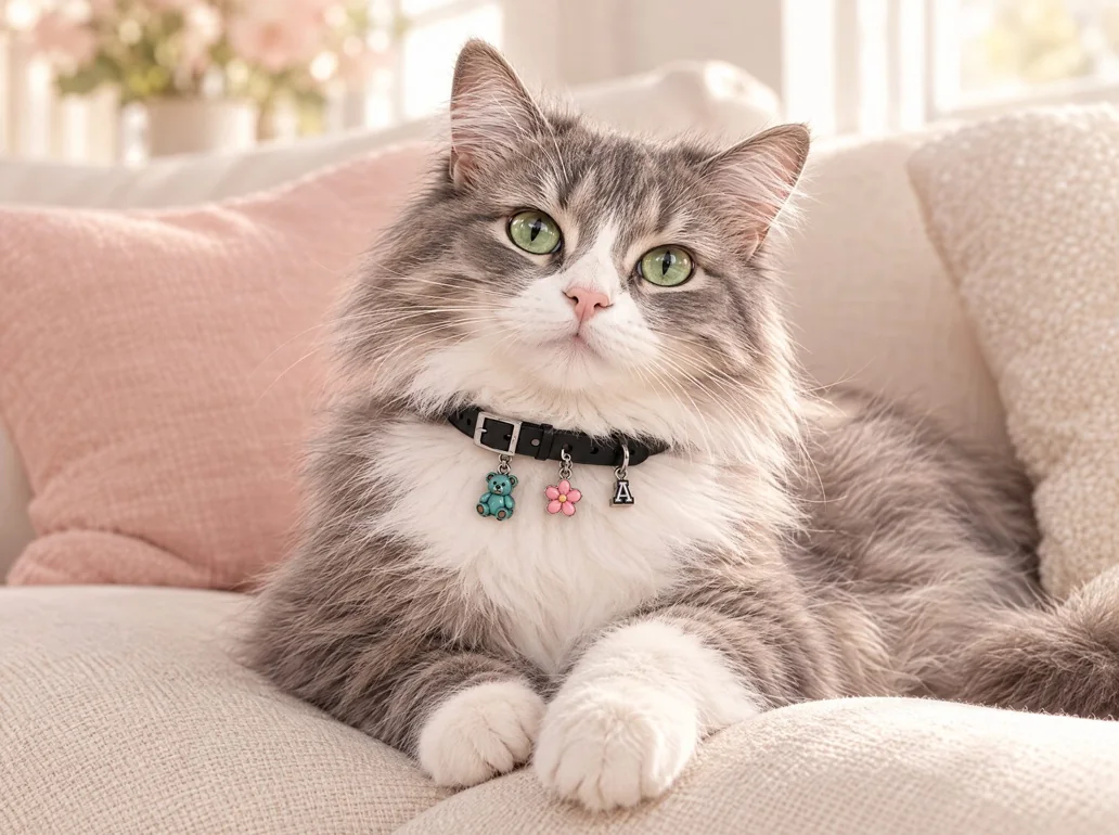 Gray and white cat wearing a black collar with bear, flower and letter charms