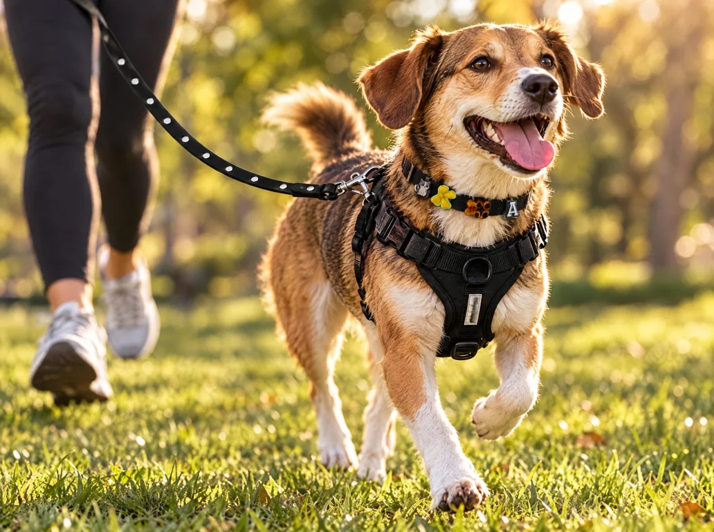 Dog walking in a black matching harness, collar and leash with colorful charms