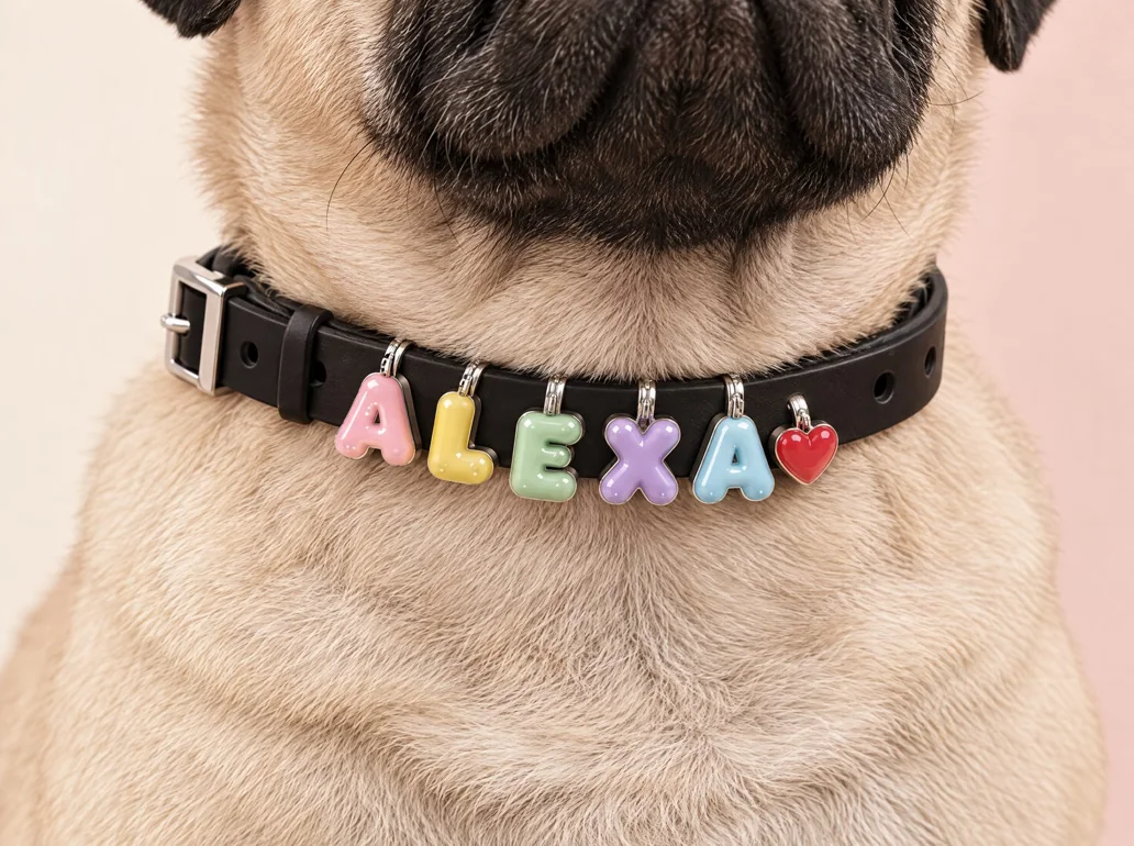 Close-up of a black collar with pastel ALEXA letter charms and a red heart charm