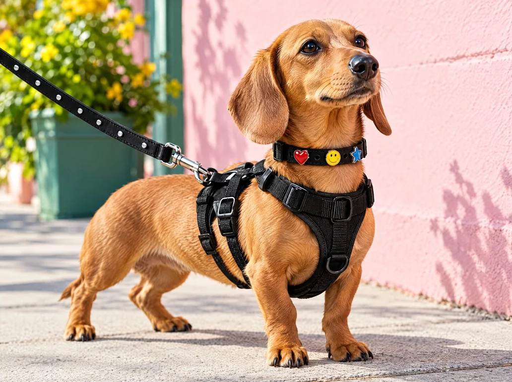 Dachshund wearing a black harness and collar with heart, smile and star charms