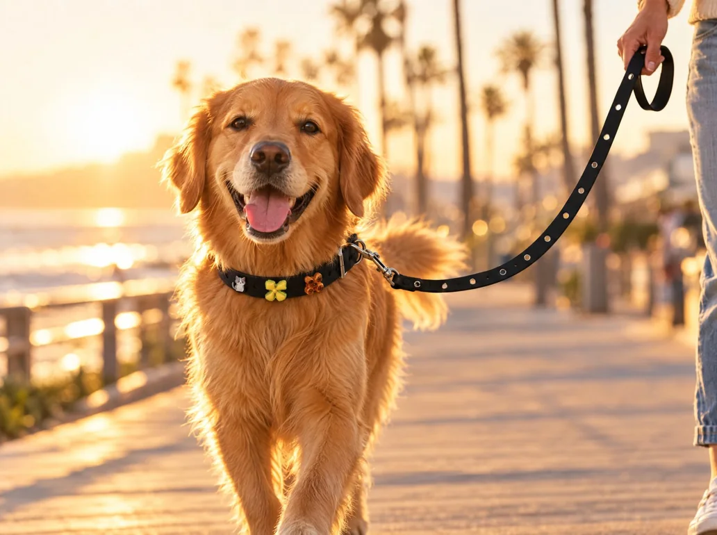 Golden retriever wearing a black charm collar and matching leash on a seaside walk