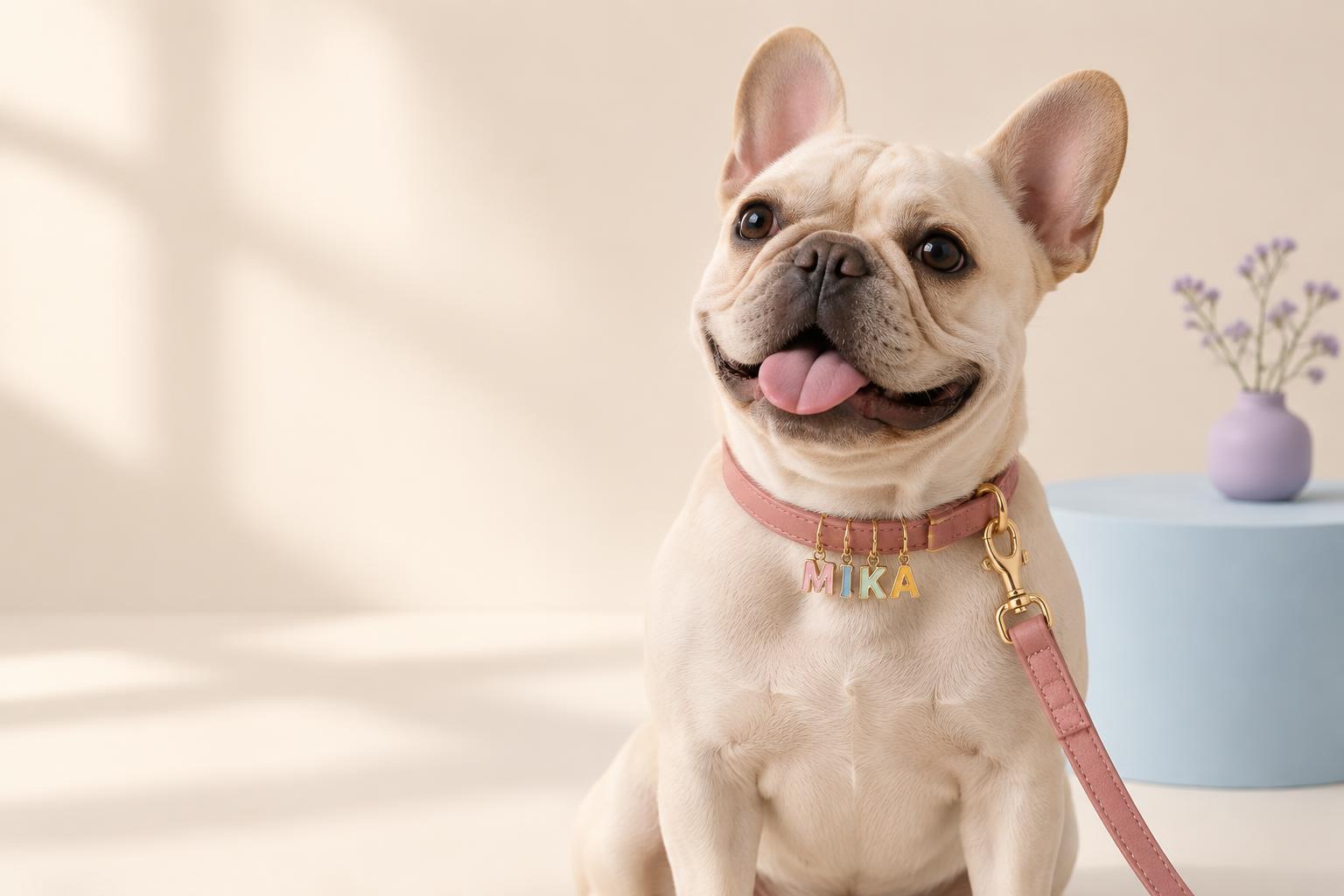 French bulldog wearing a personalized pink Wag & Charm collar
